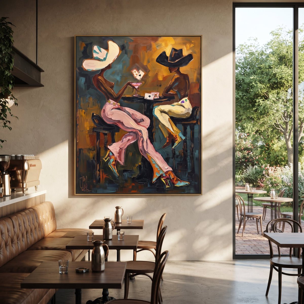 Card Rain Poker Table focuses on card rain poker table with two western figures, wide hats, black table or bar surface, martini glasses, floating playing cards, and dark olive saloon ground. The composition is built from the exact pose, clothing shape, accessories, furniture, animal form, shoreline, palm shape, surfboard, or table arrangement visible in this artwork, so the image reads as a specific modern figurative painting rather than a generic decorative abstract. The green; pink; black