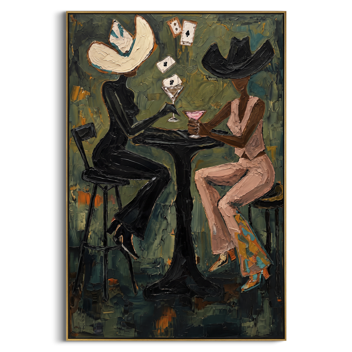 Pink Hat Card Table focuses on pink hat card table with two western figures, wide hats, black table or bar surface, martini glasses, floating playing cards, and dark olive saloon ground. The composition is built from the exact pose, clothing shape, accessories, furniture, animal form, shoreline, palm shape, surfboard, or table arrangement visible in this artwork, so the image reads as a specific modern figurative painting rather than a generic decorative abstract. The green; pink; black palette