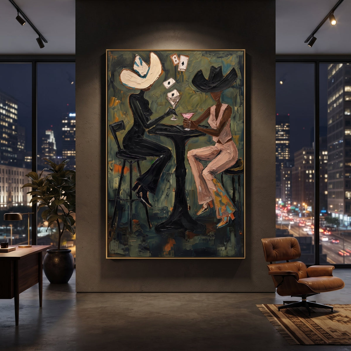 Pink Hat Card Table focuses on pink hat card table with two western figures, wide hats, black table or bar surface, martini glasses, floating playing cards, and dark olive saloon ground. The composition is built from the exact pose, clothing shape, accessories, furniture, animal form, shoreline, palm shape, surfboard, or table arrangement visible in this artwork, so the image reads as a specific modern figurative painting rather than a generic decorative abstract. The green; pink; black palette