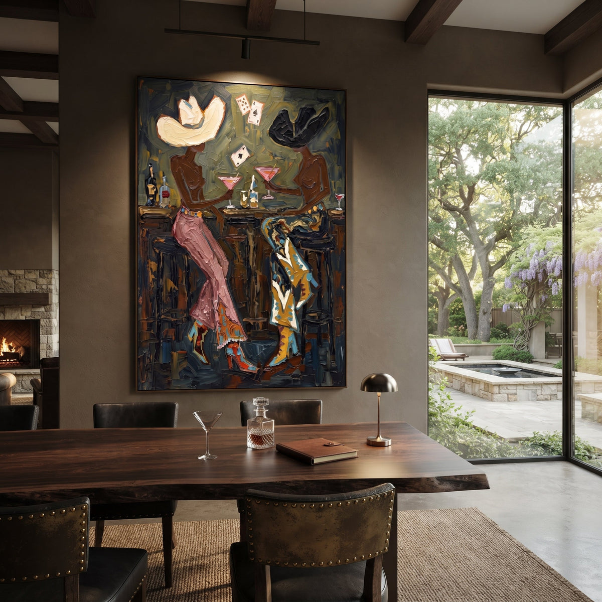 Dark Martini Poker Pair focuses on dark martini poker pair with two western figures, wide hats, black table or bar surface, martini glasses, floating playing cards, and dark olive saloon ground. The composition is built from the exact pose, clothing shape, accessories, furniture, animal form, shoreline, palm shape, surfboard, or table arrangement visible in this artwork, so the image reads as a specific modern figurative painting rather than a generic decorative abstract. The green; pink; black