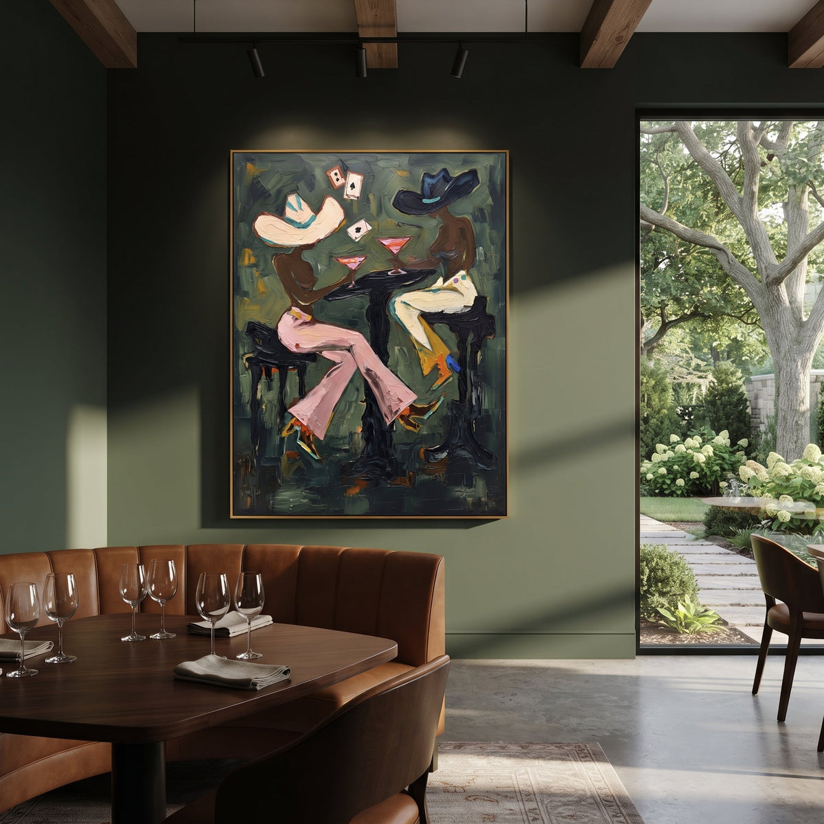 Black Hat Martini Table focuses on black hat martini table with two western figures, wide hats, black table or bar surface, martini glasses, floating playing cards, and dark olive saloon ground. The composition is built from the exact pose, clothing shape, accessories, furniture, animal form, shoreline, palm shape, surfboard, or table arrangement visible in this artwork, so the image reads as a specific modern figurative painting rather than a generic decorative abstract. The green; pink; black