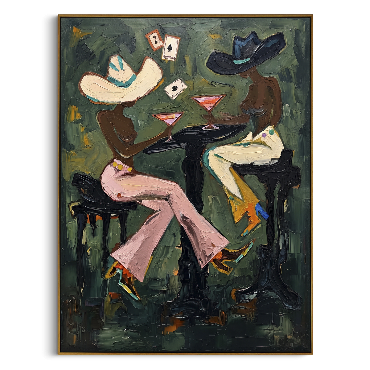 Black Hat Martini Table focuses on black hat martini table with two western figures, wide hats, black table or bar surface, martini glasses, floating playing cards, and dark olive saloon ground. The composition is built from the exact pose, clothing shape, accessories, furniture, animal form, shoreline, palm shape, surfboard, or table arrangement visible in this artwork, so the image reads as a specific modern figurative painting rather than a generic decorative abstract. The green; pink; black