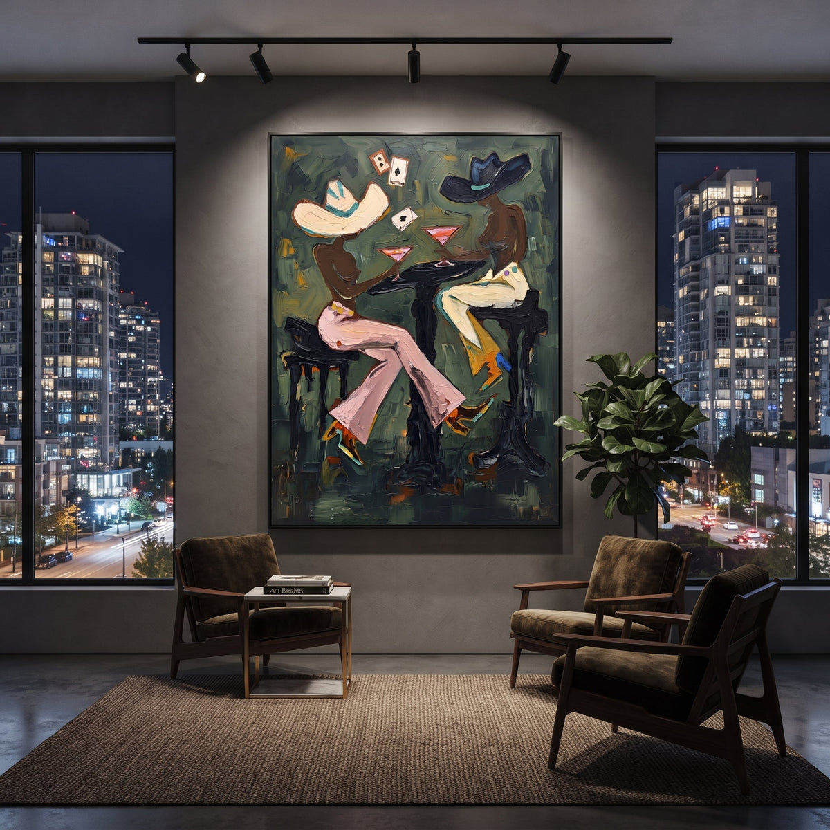Black Hat Martini Table focuses on black hat martini table with two western figures, wide hats, black table or bar surface, martini glasses, floating playing cards, and dark olive saloon ground. The composition is built from the exact pose, clothing shape, accessories, furniture, animal form, shoreline, palm shape, surfboard, or table arrangement visible in this artwork, so the image reads as a specific modern figurative painting rather than a generic decorative abstract. The green; pink; black