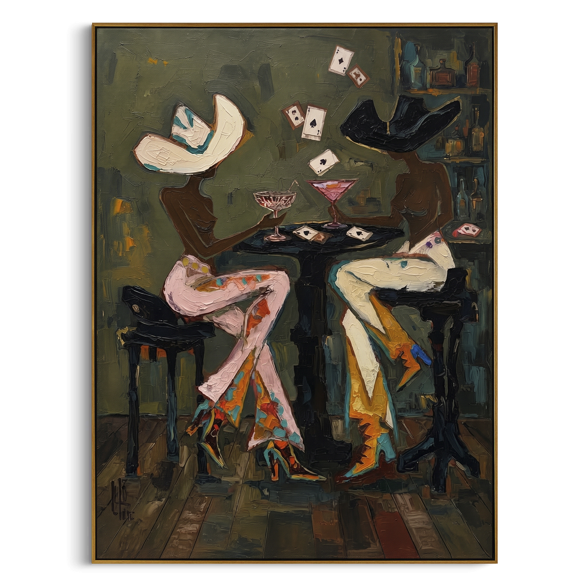 White Hat Pink Pants Game focuses on white hat pink pants game with two western figures, wide hats, black table or bar surface, martini glasses, floating playing cards, and dark olive saloon ground. The composition is built from the exact pose, clothing shape, accessories, furniture, animal form, shoreline, palm shape, surfboard, or table arrangement visible in this artwork, so the image reads as a specific modern figurative painting rather than a generic decorative abstract. The green; pink