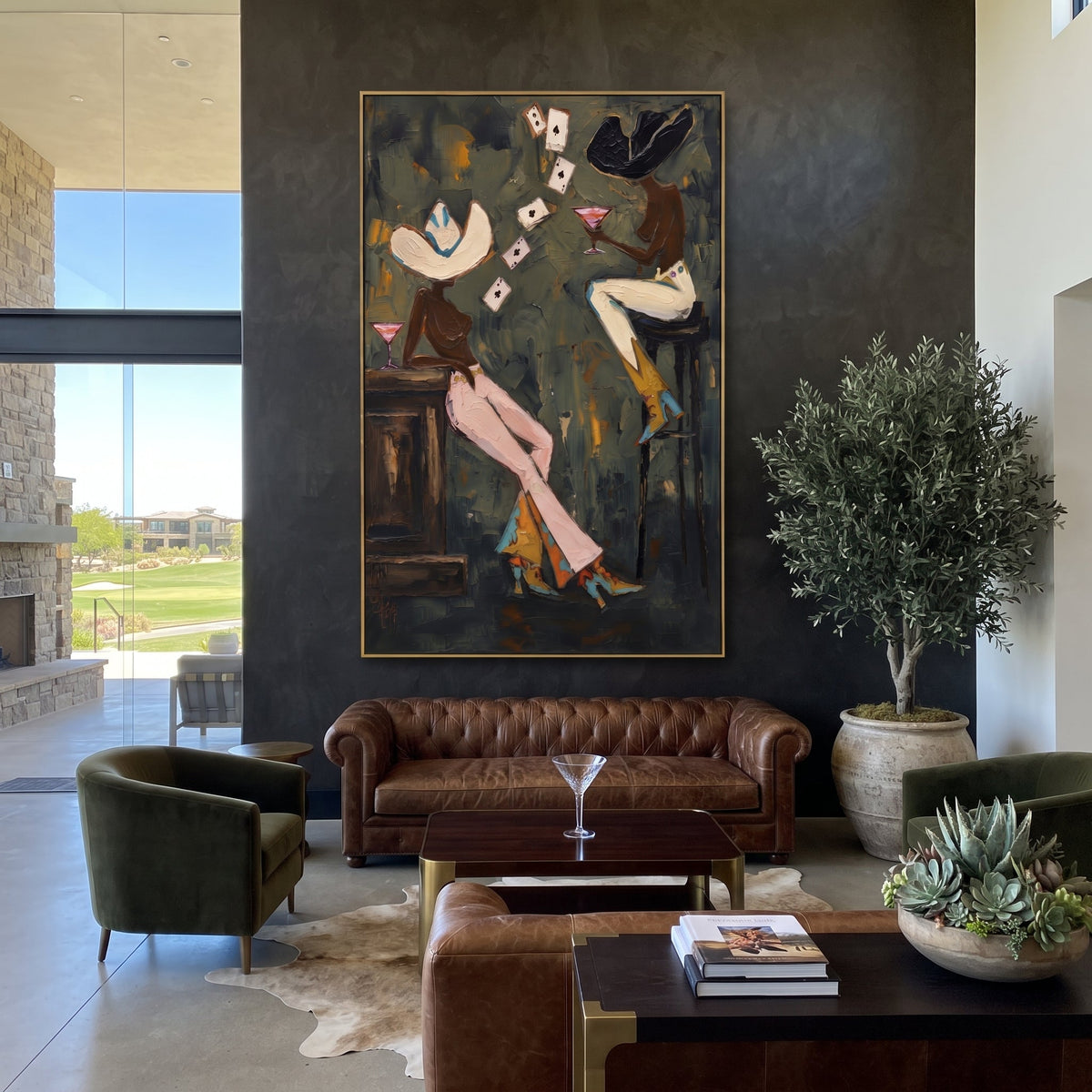 Dark Green Poker Toast focuses on dark green poker toast with two western figures, wide hats, black table or bar surface, martini glasses, floating playing cards, and dark olive saloon ground. The composition is built from the exact pose, clothing shape, accessories, furniture, animal form, shoreline, palm shape, surfboard, or table arrangement visible in this artwork, so the image reads as a specific modern figurative painting rather than a generic decorative abstract. The green; pink; black