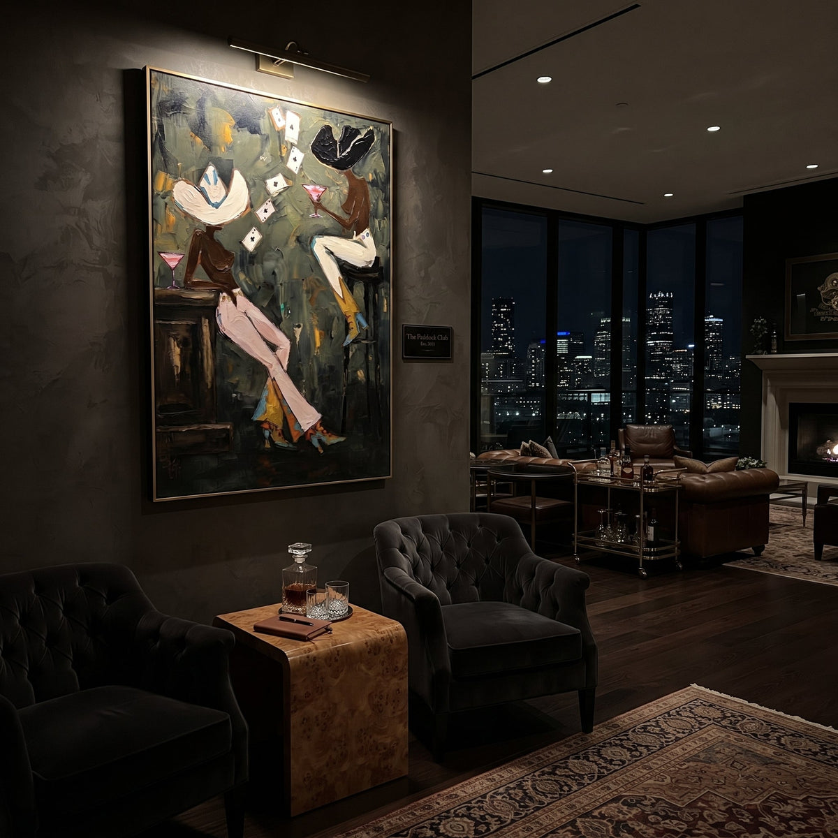 Dark Green Poker Toast focuses on dark green poker toast with two western figures, wide hats, black table or bar surface, martini glasses, floating playing cards, and dark olive saloon ground. The composition is built from the exact pose, clothing shape, accessories, furniture, animal form, shoreline, palm shape, surfboard, or table arrangement visible in this artwork, so the image reads as a specific modern figurative painting rather than a generic decorative abstract. The green; pink; black