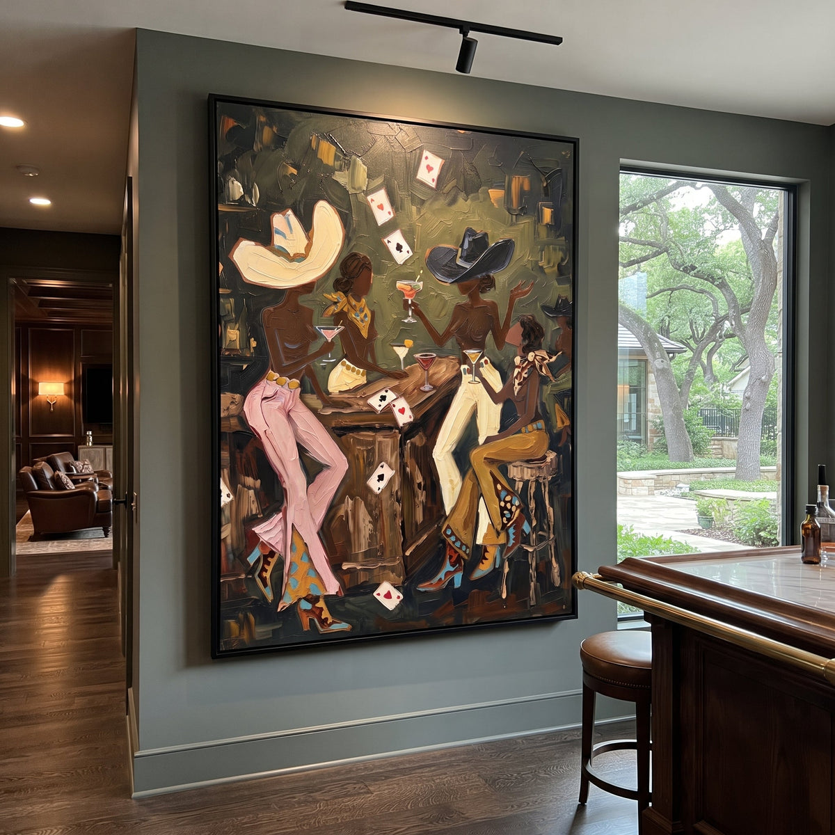 Cream Pants Table Duel focuses on cream pants table duel with two western figures, wide hats, black table or bar surface, martini glasses, floating playing cards, and dark olive saloon ground. The composition is built from the exact pose, clothing shape, accessories, furniture, animal form, shoreline, palm shape, surfboard, or table arrangement visible in this artwork, so the image reads as a specific modern figurative painting rather than a generic decorative abstract. The green; pink; black