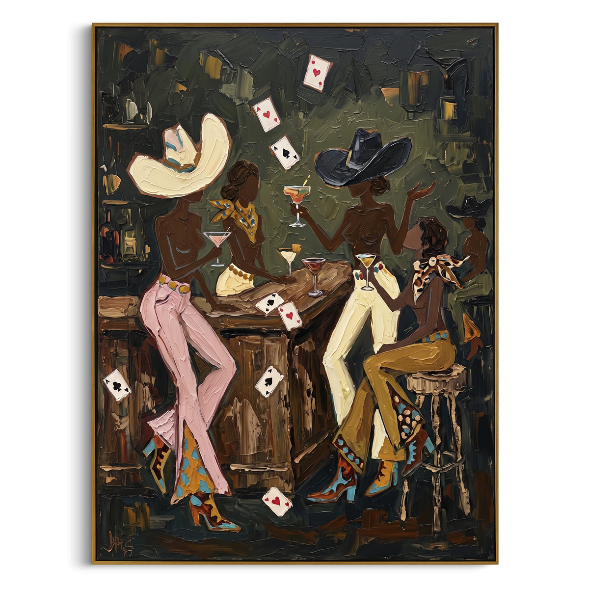 Cream Pants Table Duel focuses on cream pants table duel with two western figures, wide hats, black table or bar surface, martini glasses, floating playing cards, and dark olive saloon ground. The composition is built from the exact pose, clothing shape, accessories, furniture, animal form, shoreline, palm shape, surfboard, or table arrangement visible in this artwork, so the image reads as a specific modern figurative painting rather than a generic decorative abstract. The green; pink; black