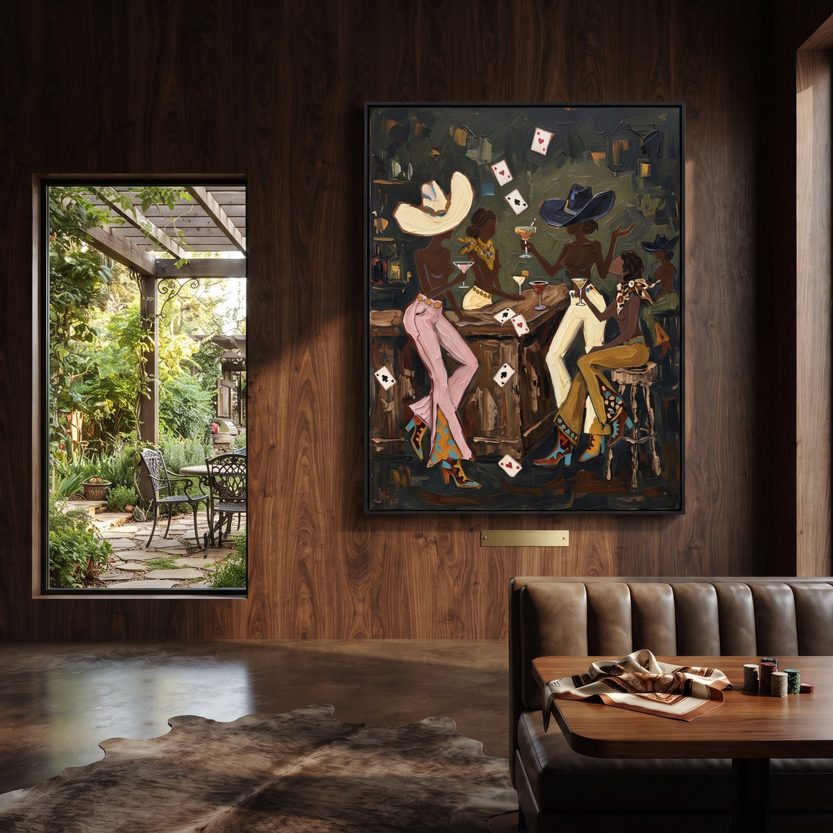 Cream Pants Table Duel focuses on cream pants table duel with two western figures, wide hats, black table or bar surface, martini glasses, floating playing cards, and dark olive saloon ground. The composition is built from the exact pose, clothing shape, accessories, furniture, animal form, shoreline, palm shape, surfboard, or table arrangement visible in this artwork, so the image reads as a specific modern figurative painting rather than a generic decorative abstract. The green; pink; black