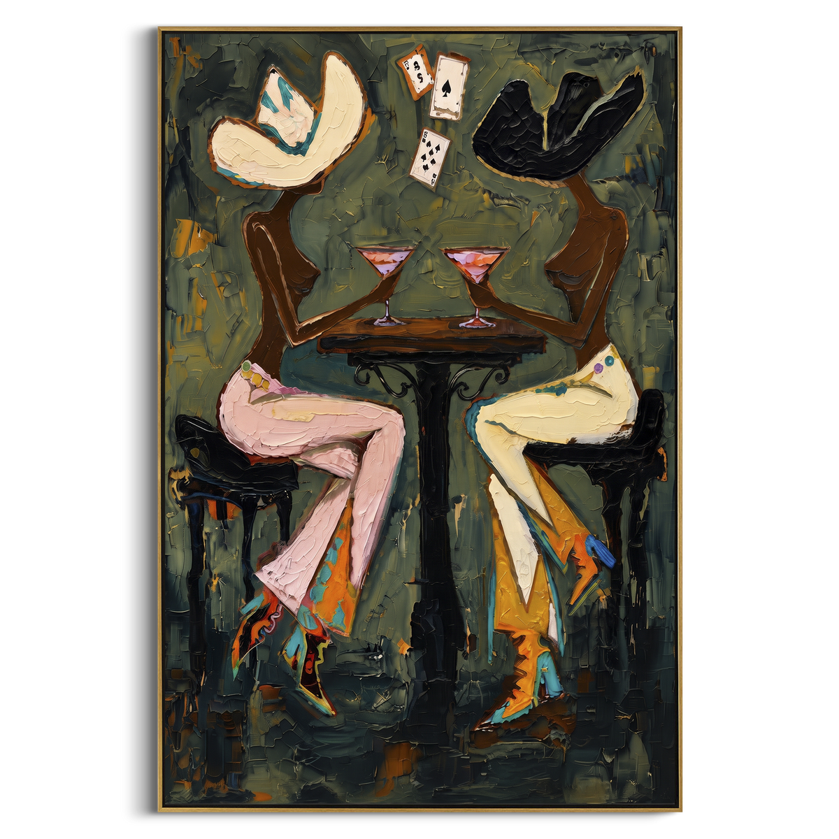 Bottle Bar Card Night focuses on bottle bar card night with two western figures, wide hats, black table or bar surface, martini glasses, floating playing cards, and dark olive saloon ground. The composition is built from the exact pose, clothing shape, accessories, furniture, animal form, shoreline, palm shape, surfboard, or table arrangement visible in this artwork, so the image reads as a specific modern figurative painting rather than a generic decorative abstract. The green; pink; black