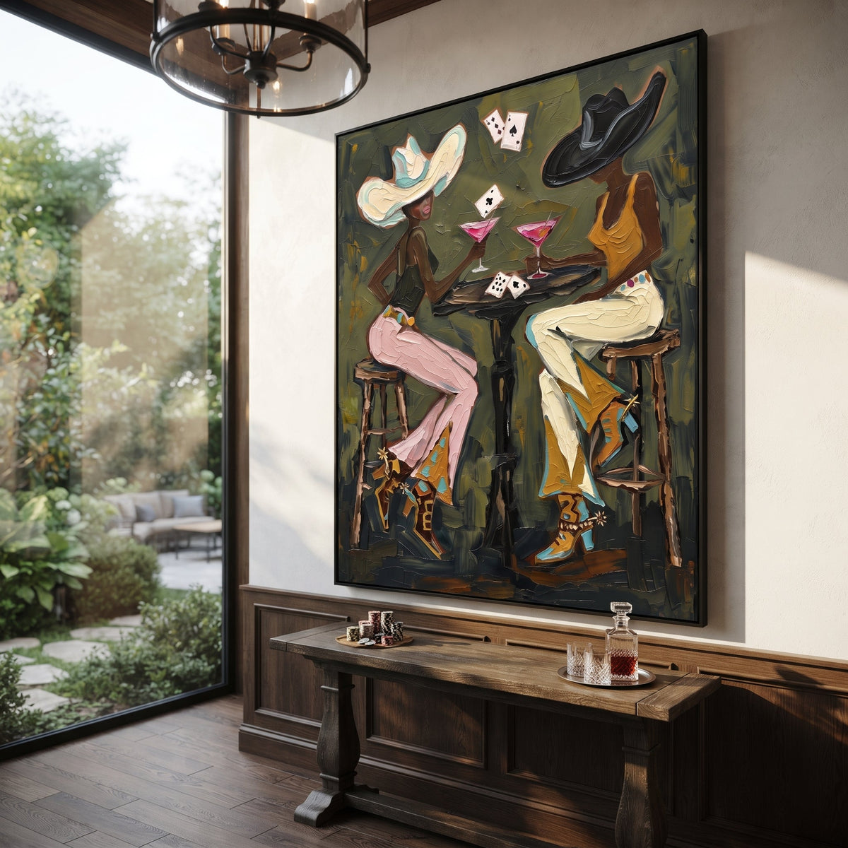 Two Hat Poker Conversation focuses on two hat poker conversation with two western figures, wide hats, black table or bar surface, martini glasses, floating playing cards, and dark olive saloon ground. The composition is built from the exact pose, clothing shape, accessories, furniture, animal form, shoreline, palm shape, surfboard, or table arrangement visible in this artwork, so the image reads as a specific modern figurative painting rather than a generic decorative abstract. The green; pink