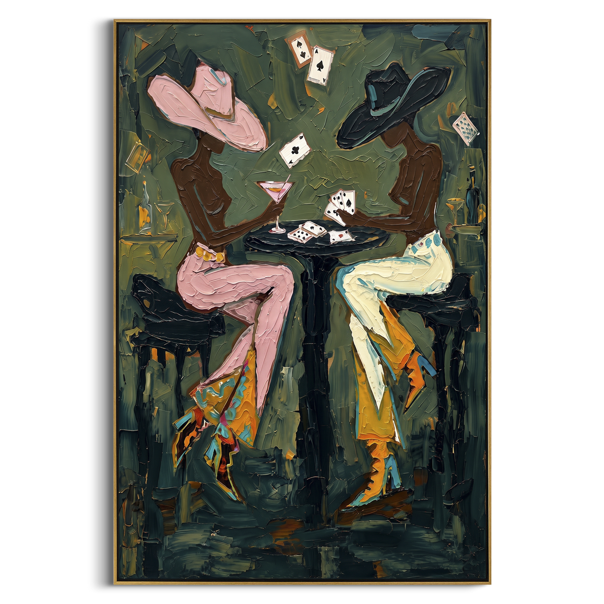 Floating Card Martini Pair focuses on floating card martini pair with two western figures, wide hats, black table or bar surface, martini glasses, floating playing cards, and dark olive saloon ground. The composition is built from the exact pose, clothing shape, accessories, furniture, animal form, shoreline, palm shape, surfboard, or table arrangement visible in this artwork, so the image reads as a specific modern figurative painting rather than a generic decorative abstract. The green; pink