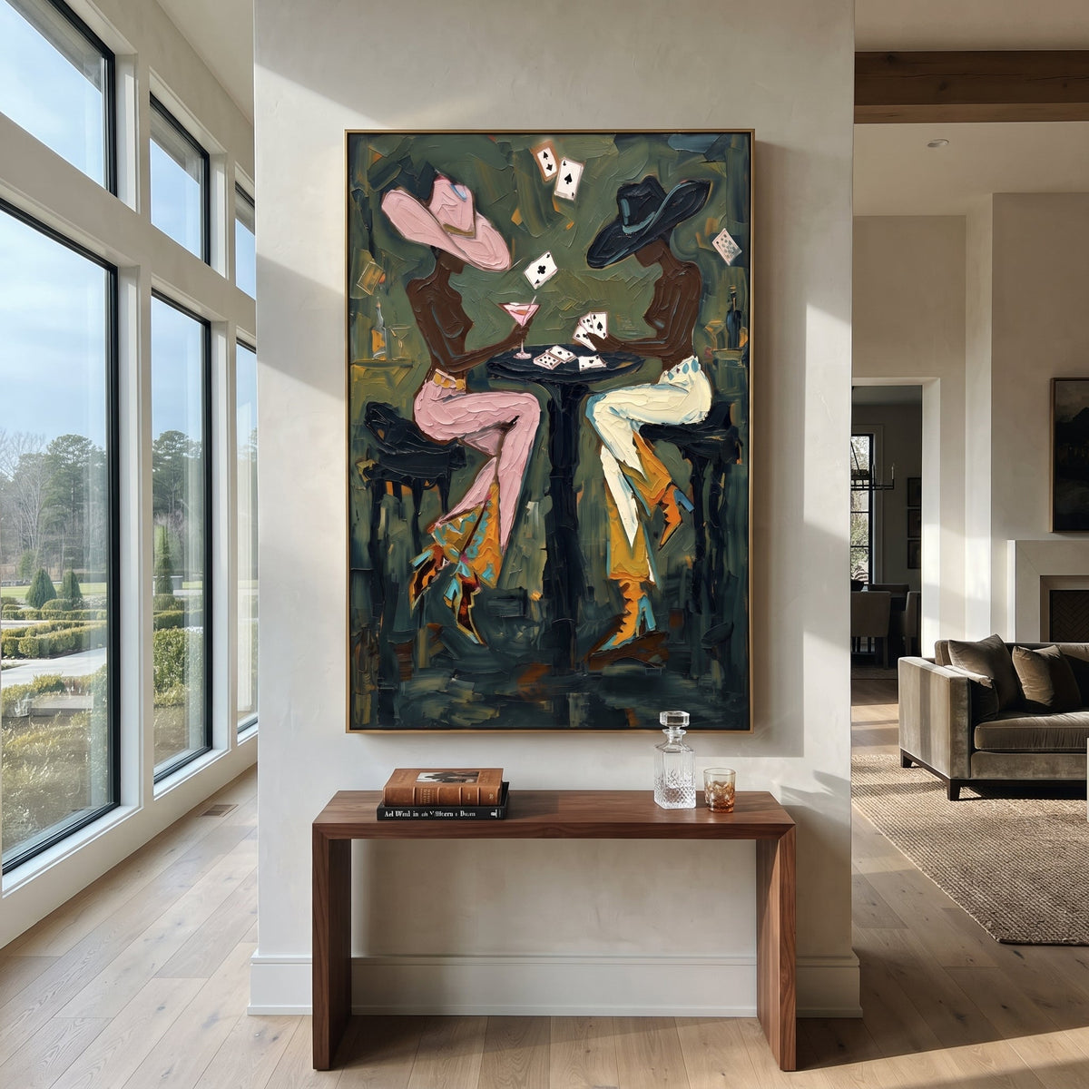 Floating Card Martini Pair focuses on floating card martini pair with two western figures, wide hats, black table or bar surface, martini glasses, floating playing cards, and dark olive saloon ground. The composition is built from the exact pose, clothing shape, accessories, furniture, animal form, shoreline, palm shape, surfboard, or table arrangement visible in this artwork, so the image reads as a specific modern figurative painting rather than a generic decorative abstract. The green; pink