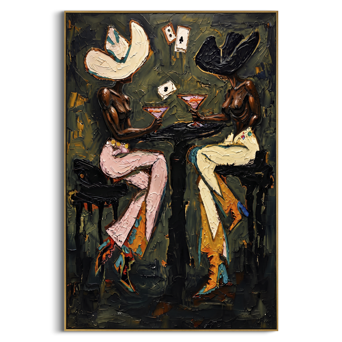 Olive Wall Poker Figures focuses on olive wall poker figures with two western figures, wide hats, black table or bar surface, martini glasses, floating playing cards, and dark olive saloon ground. The composition is built from the exact pose, clothing shape, accessories, furniture, animal form, shoreline, palm shape, surfboard, or table arrangement visible in this artwork, so the image reads as a specific modern figurative painting rather than a generic decorative abstract. The green; pink
