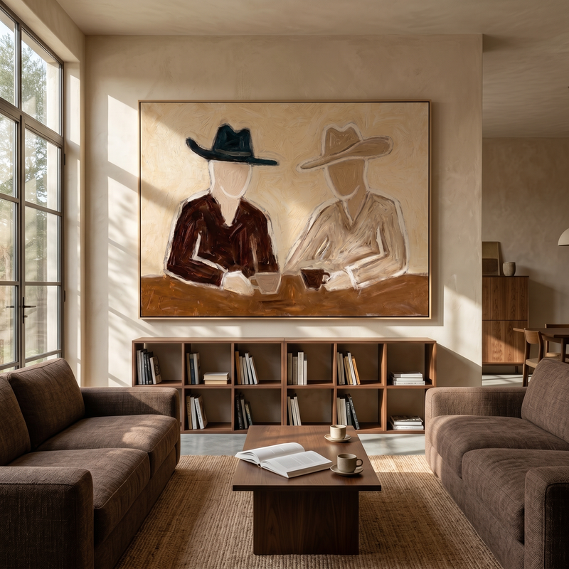 "Two Hats Split Morning" - Seated Cowboy Pair Painting | Brown Black Vintage Americana Horizontal Wall Art