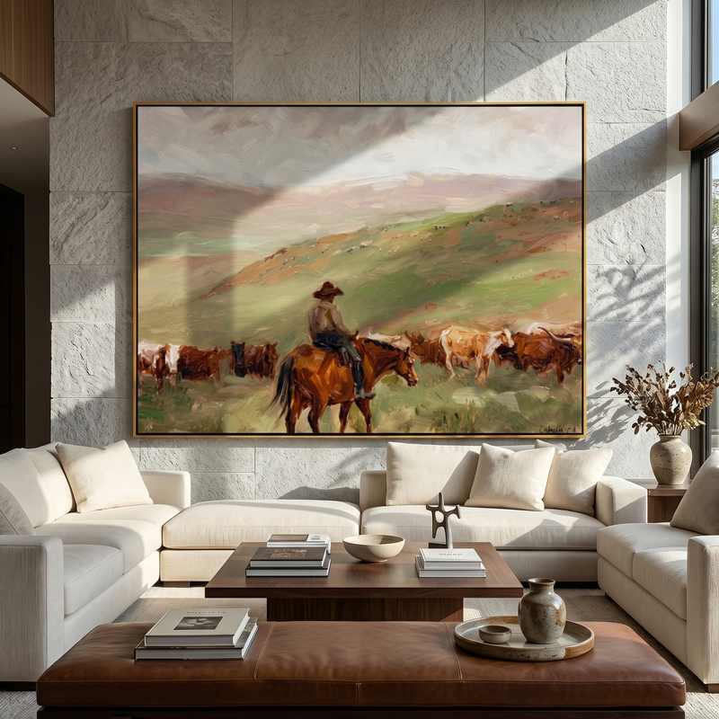 "Herd Moves Under Rain" - Rancher and Cattle Landscape Painting | Brown Gray Vintage Americana Horizontal Wall Art