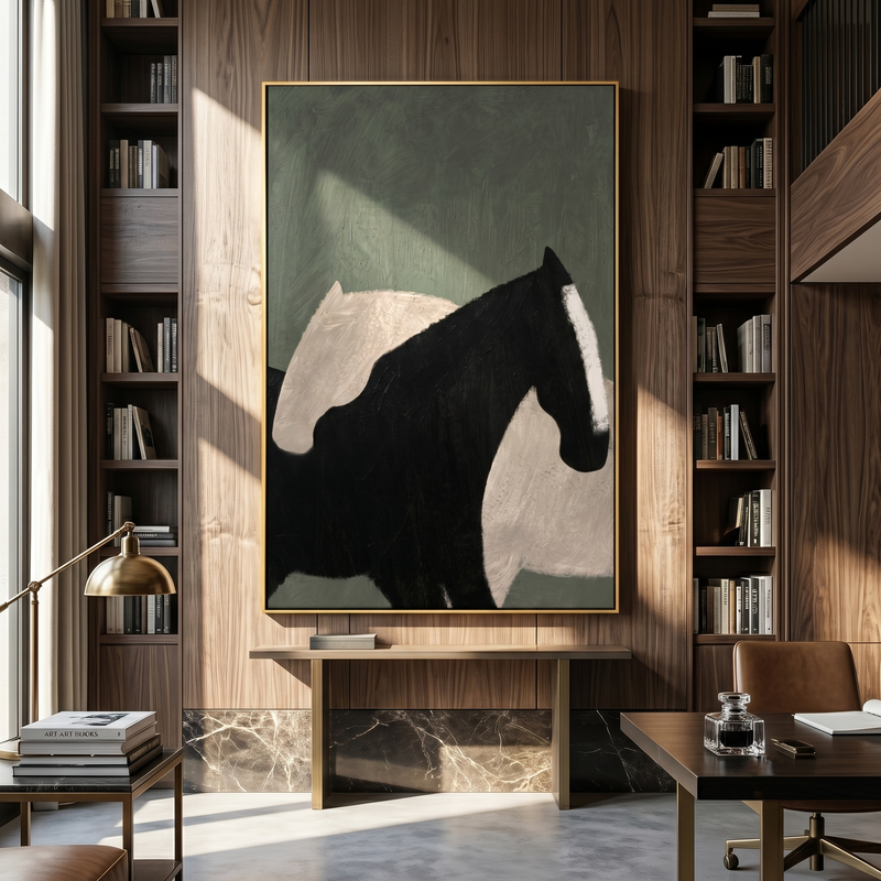 "Pale Shadow Meets Black" - Overlapping Horse Painting | Gray Black Vintage Americana Vertical Wall Art