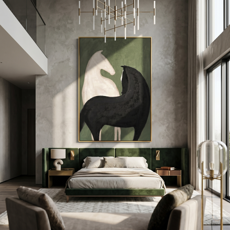 "Green Silence Holds Contrast" - Black White Horse Painting | Black Green Vintage Americana Vertical Wall Art