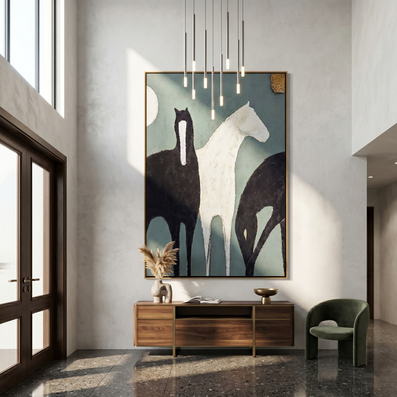 "Moon Watches Three Horses" - Three Horse Moon Painting | Gray Black Vintage Americana Vertical Wall Art