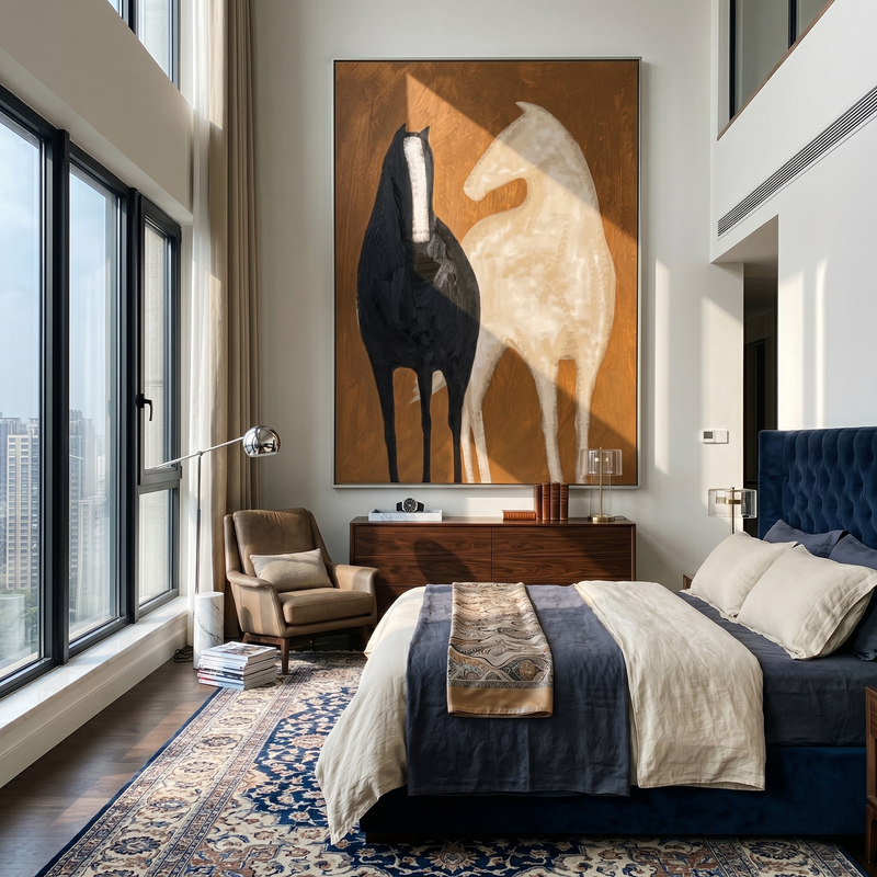 "Black and Ivory Stand" - Contrasting Horse Pair Painting | Brown Black Vintage Americana Vertical Wall Art