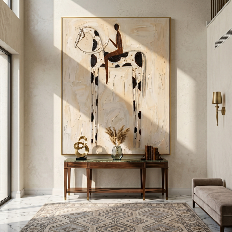 "White Horse Carries Shadow" - Spotted White Horse Painting | Brown Gray Vintage Americana Vertical Wall Art