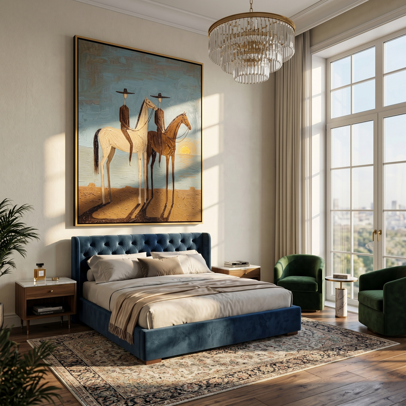 "Two Riders Catch Sunset" - Sunset Horseback Pair Painting | Gray Brown Blue Vintage Americana Vertical Wall Art