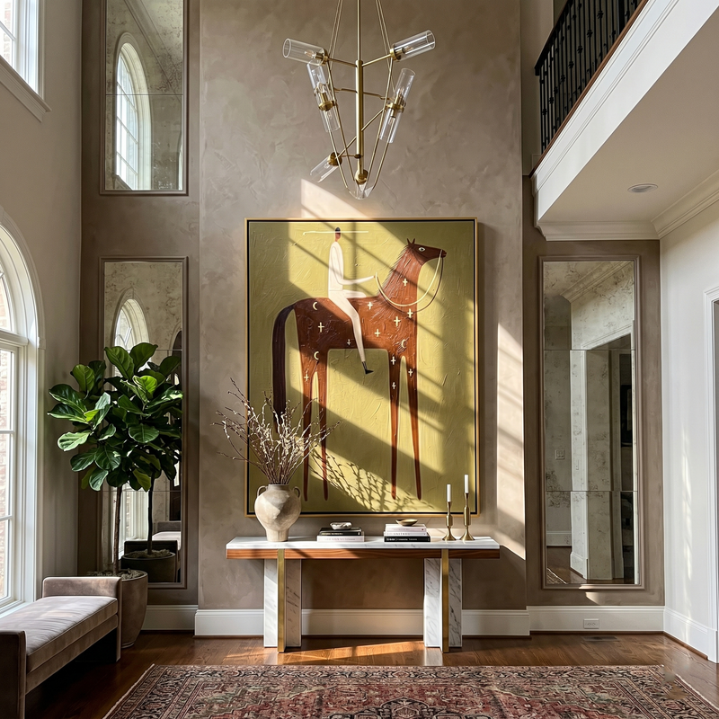 "Pale Rider Counts Crosses" - Cross-Marked Horse Rider Painting | Brown Vintage Americana Vertical Wall Art