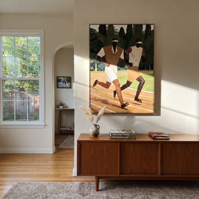 "Two Runners Break Distance" - Two Runners Track Painting | Black Pink Gold Vintage Americana Vertical Wall Art
