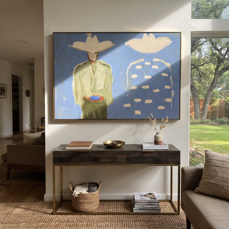 "Blue Dots Remember Company" - Abstract Companion Figure Painting | Gray White Gold Vintage Americana Horizontal Wall Art