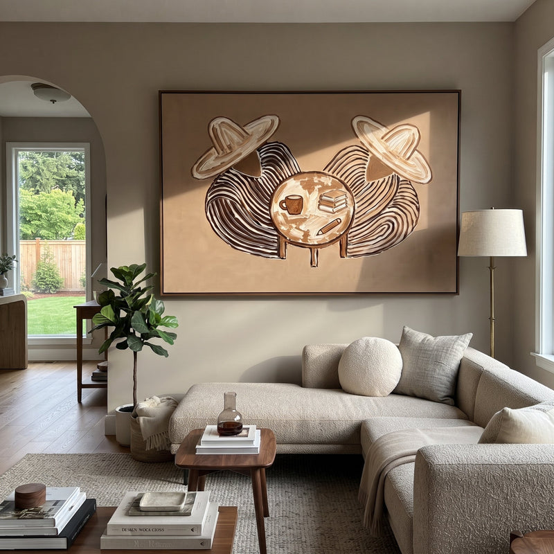 "Coffee Books Circle Quiet" - Coffee Book Table Painting | Pink White Black Vintage Americana Horizontal Wall Art