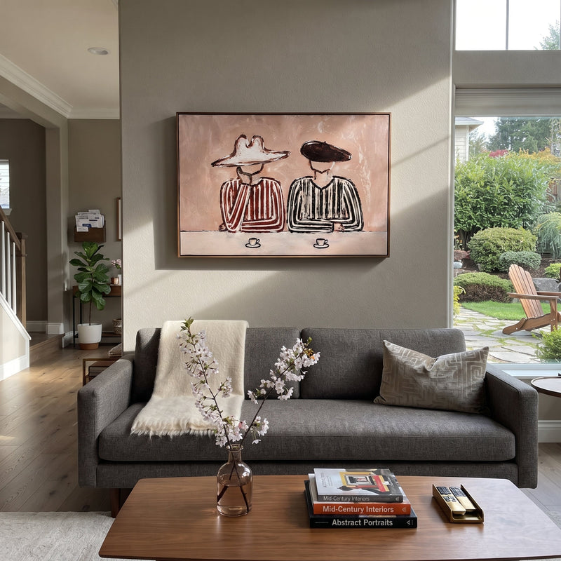 "Striped Cups Rest Together" - Striped Coffee Pair Painting | Pink Black White Vintage Americana Horizontal Wall Art