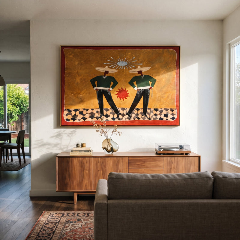 "Twin Figures Frame Sun" - Geometric Western Pair Painting | Gold Black Red Vintage Americana Horizontal Wall Art