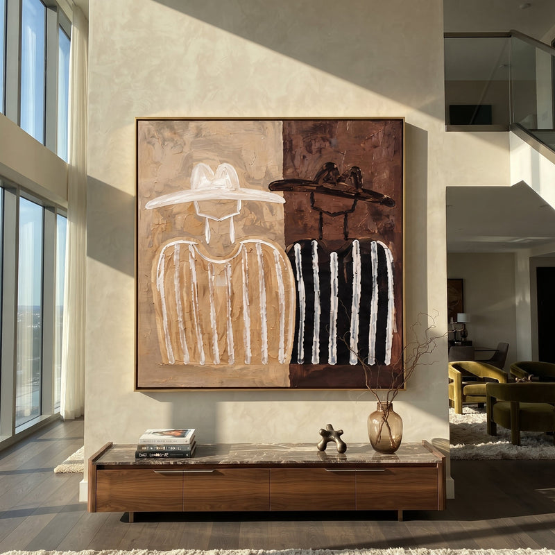"White Stripes Divide Brown" - Two Tone Figure Pair Painting | Pink Black White Vintage Americana Square Wall Art