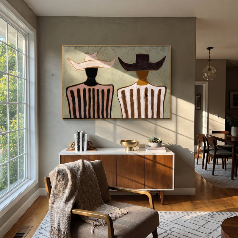 "Pink Stripes Face Ivory" - Two Tone Striped Pair Painting | Pink White Black Vintage Americana Horizontal Wall Art