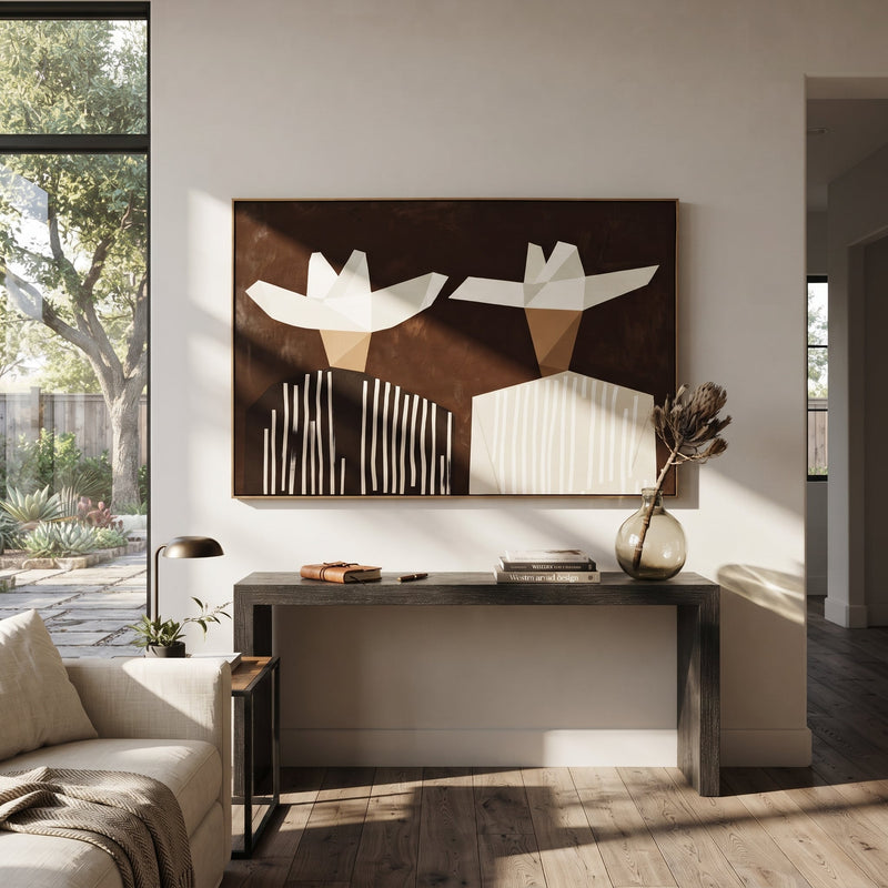 "White Geometry Splits Brown" - Geometric Hat Figure Pair Painting | Black White Gold Vintage Americana Horizontal Wall Art