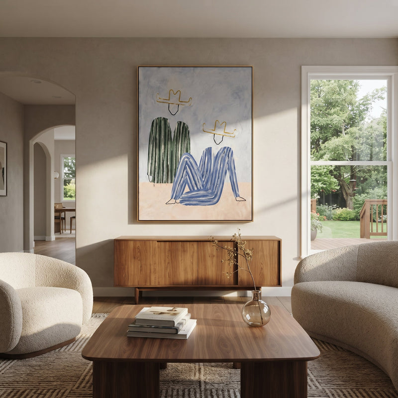 "Green Stripes Bend Blue" - Abstract Seated Figure Pair Painting | White Pink Gray Vintage Americana Vertical Wall Art