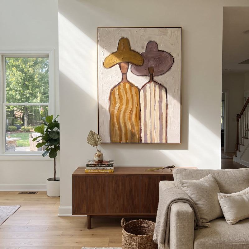 "Ochre Hat Meets Mauve" - Pastel Striped Figure Pair Painting | White Brown Gold Vintage Americana Vertical Wall Art