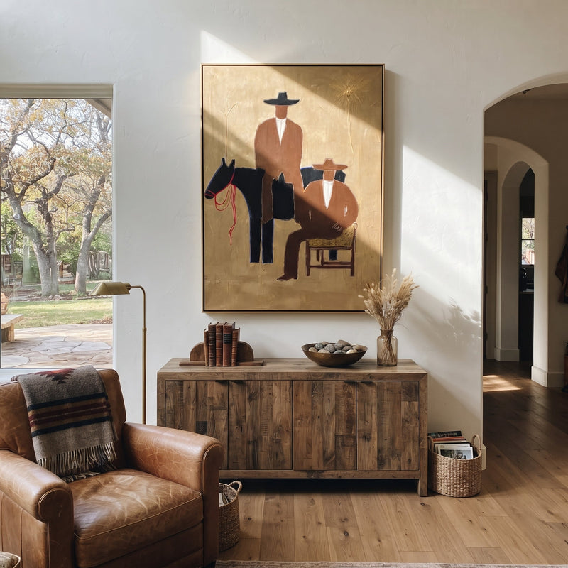 "Two Cowboys Keep Watch" - Cowboy Horse Companion Painting | Pink Black Brown Vintage Americana Vertical Wall Art