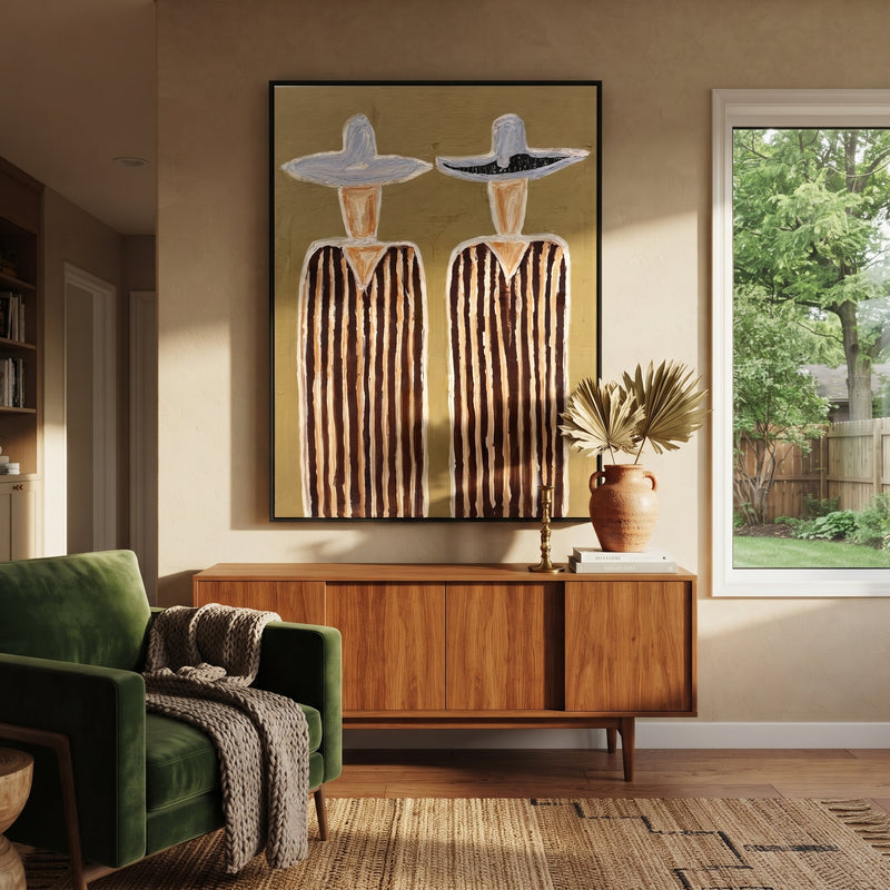 "White Hats Crown Stripes" - Tall Striped Figure Pair Painting | Black Gold White Vintage Americana Vertical Wall Art