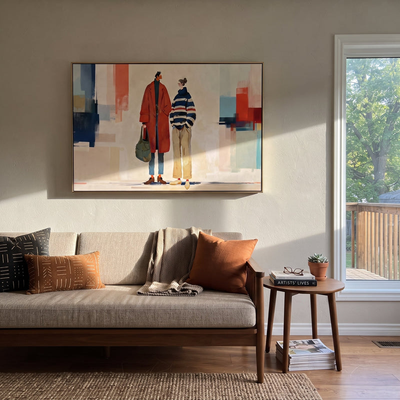"Red Coat Crosses City" - Modern Fashion Pair Painting | White Red Pink Vintage Americana Horizontal Wall Art