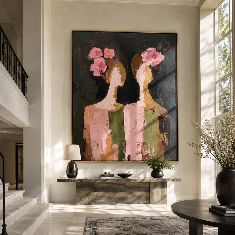 "Rose Faces Turn Apart" - Floral Head Women Painting | Black Pink Brown Vintage Americana Vertical Wall Art