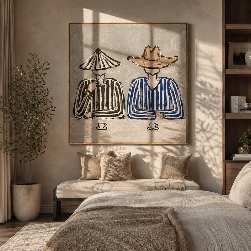 "Two Cups Mark Waiting" - Striped Coffee Pair Painting | Pink Black Gray Vintage Americana Square Wall Art