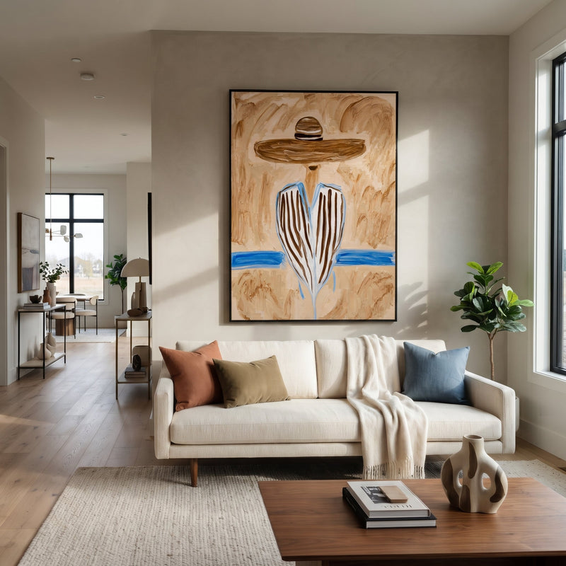 "Blue Stripes Meet Sand" - Blue Striped Sombrero Figure Painting | Pink White Brown Vintage Americana Vertical Wall Art