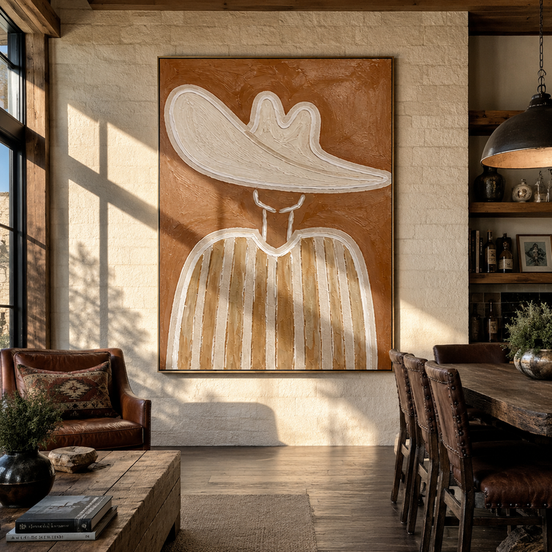 "White Wave Tilts Earthward" - White Hat Earth Tone Painting | Brown White Pink Vintage Americana Vertical Wall Art