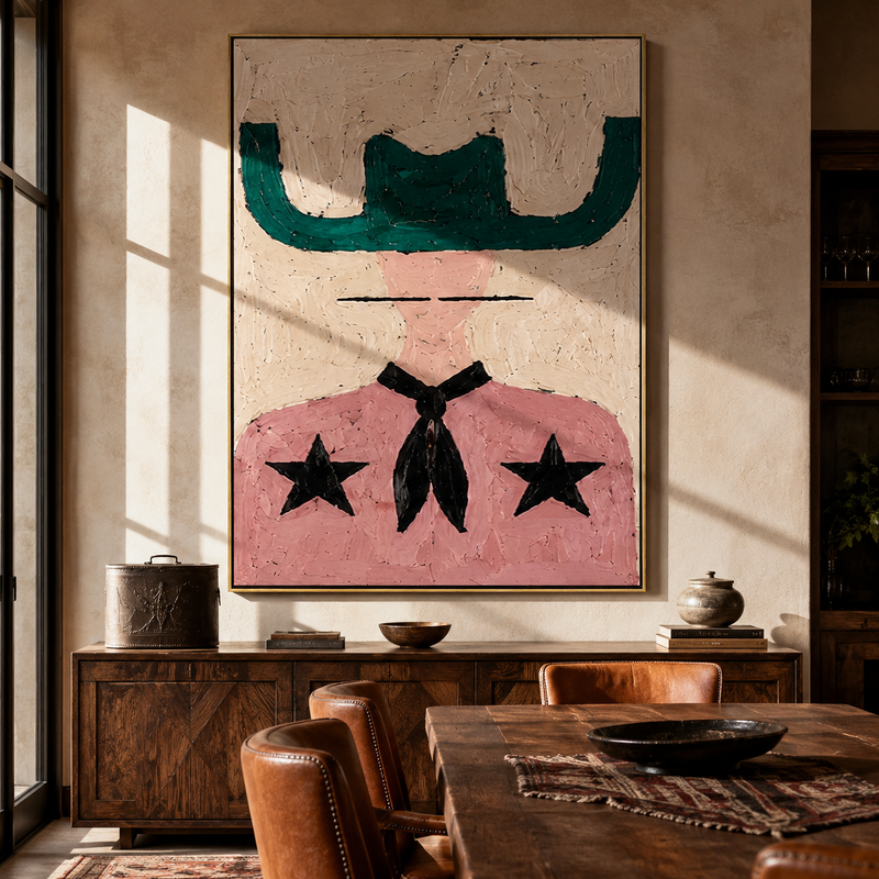 "Green Brim Shields Stars" - Pink Western Figure Painting | White Black Pink Vintage Americana Vertical Wall Art