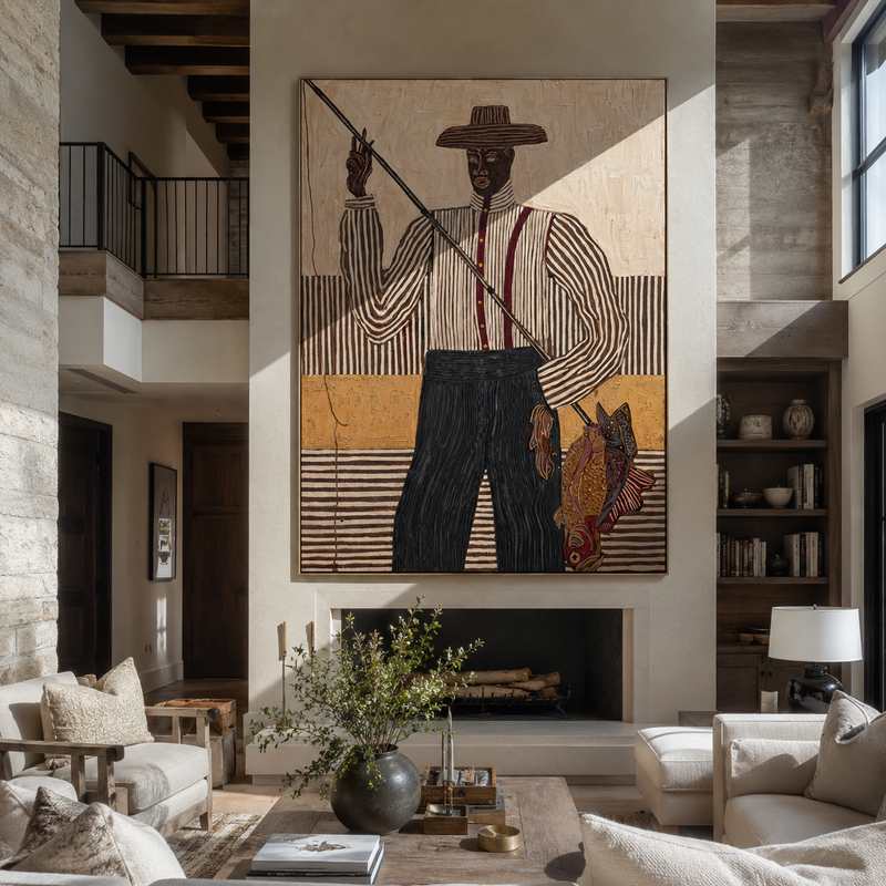 "Tall Fisher Holds Line" - Fisherman With Rod Painting | White Black Brown Vintage Americana Vertical Wall Art