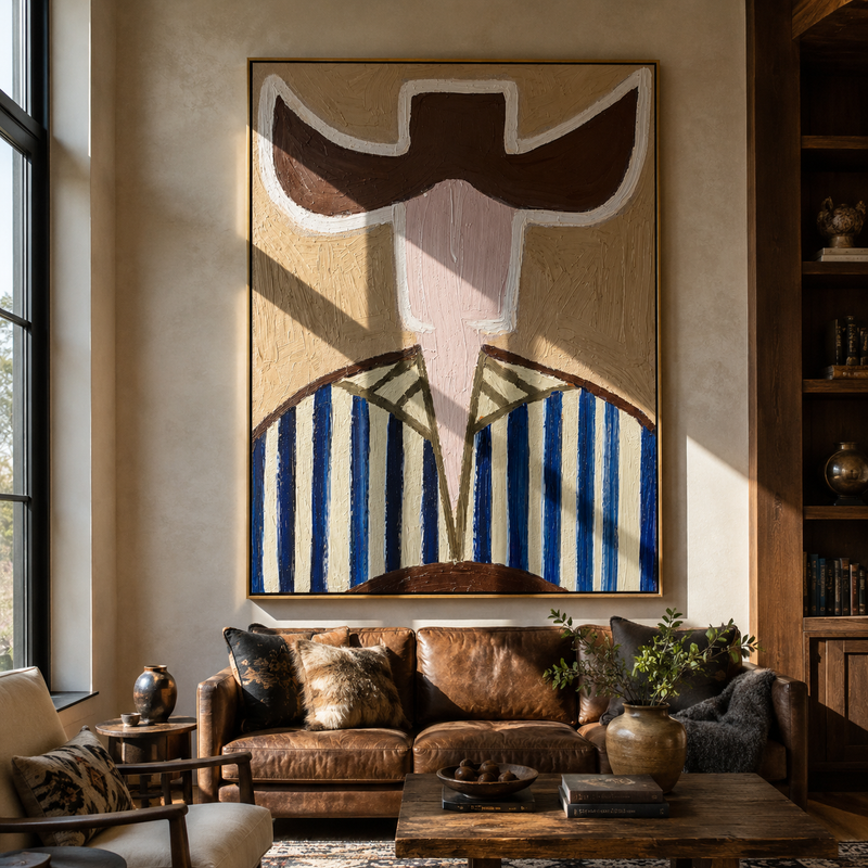 "Blue Stripes Carry Green" - Blue Green Hat Figure Painting | White Pink Black Vintage Americana Vertical Wall Art