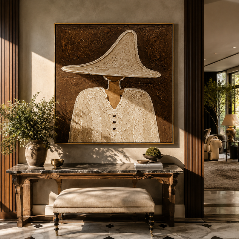 "White Peak Holds Buttons" - Textured White Hat Figure Painting | Black Pink White Vintage Americana Square Wall Art