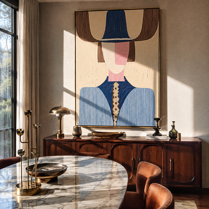 "Blue Crown Meets Pink" - Geometric Blue Figure Painting | White Blue Black Vintage Americana Vertical Wall Art
