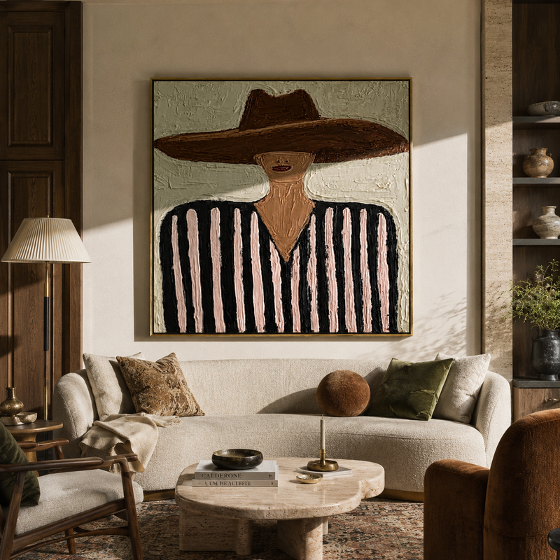 "Brown Brim Meets Mint" - Black Pink Striped Figure Painting | Black White Brown Vintage Americana Square Wall Art